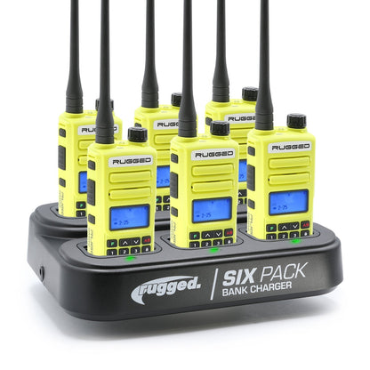 6 Pack - Rugged GMR2 PLUS - GMRS and FRS Two Way Handheld Radios with Bank Charger - Safety Orange