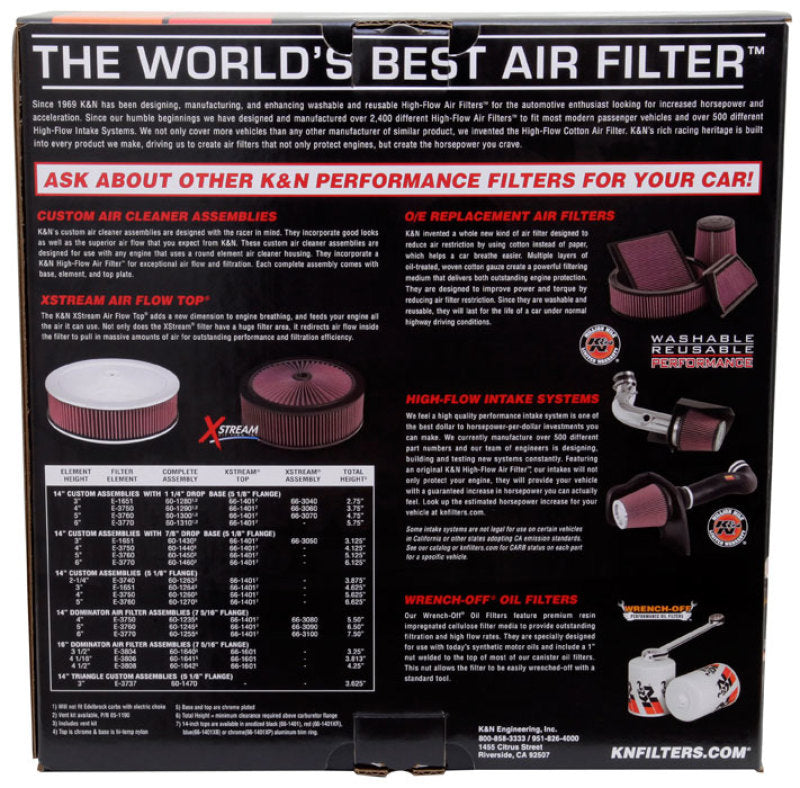 K&N Round Air Filter Assembly 14in. ID / 4..12in. Height / 5.125in. Neck Flange / 7/8in. Drop Ba