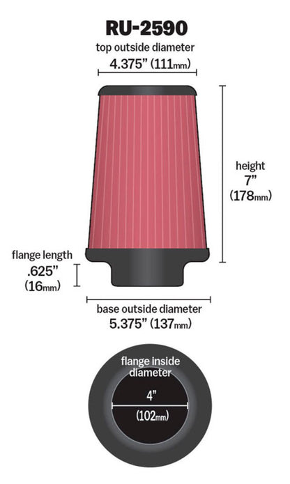 K&N Filter Universal Rubber Filter 4 inch Flange 5 3/8 inch Base 4 3/8 inch Top 7 inch Height