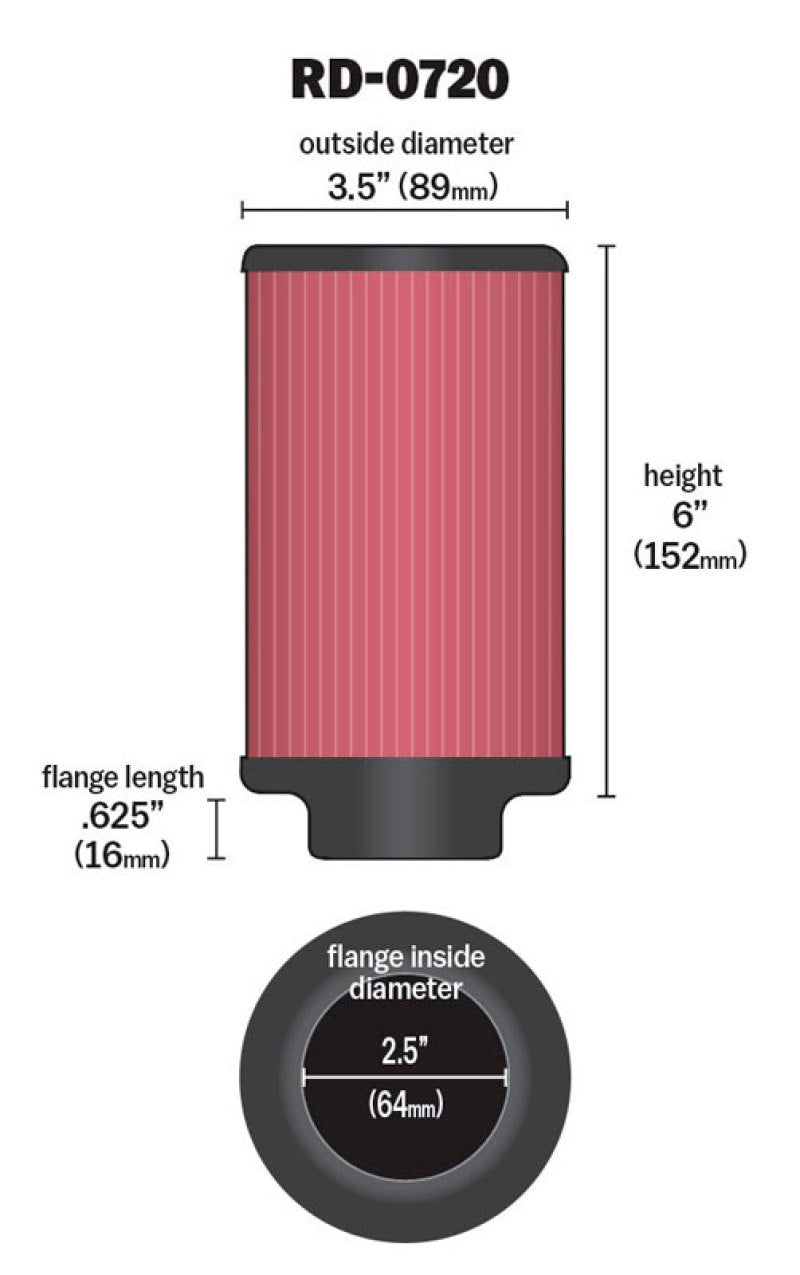 K&N Universal Rubber Filter 2.5in Flange ID x 3.5in OD x 6in Height