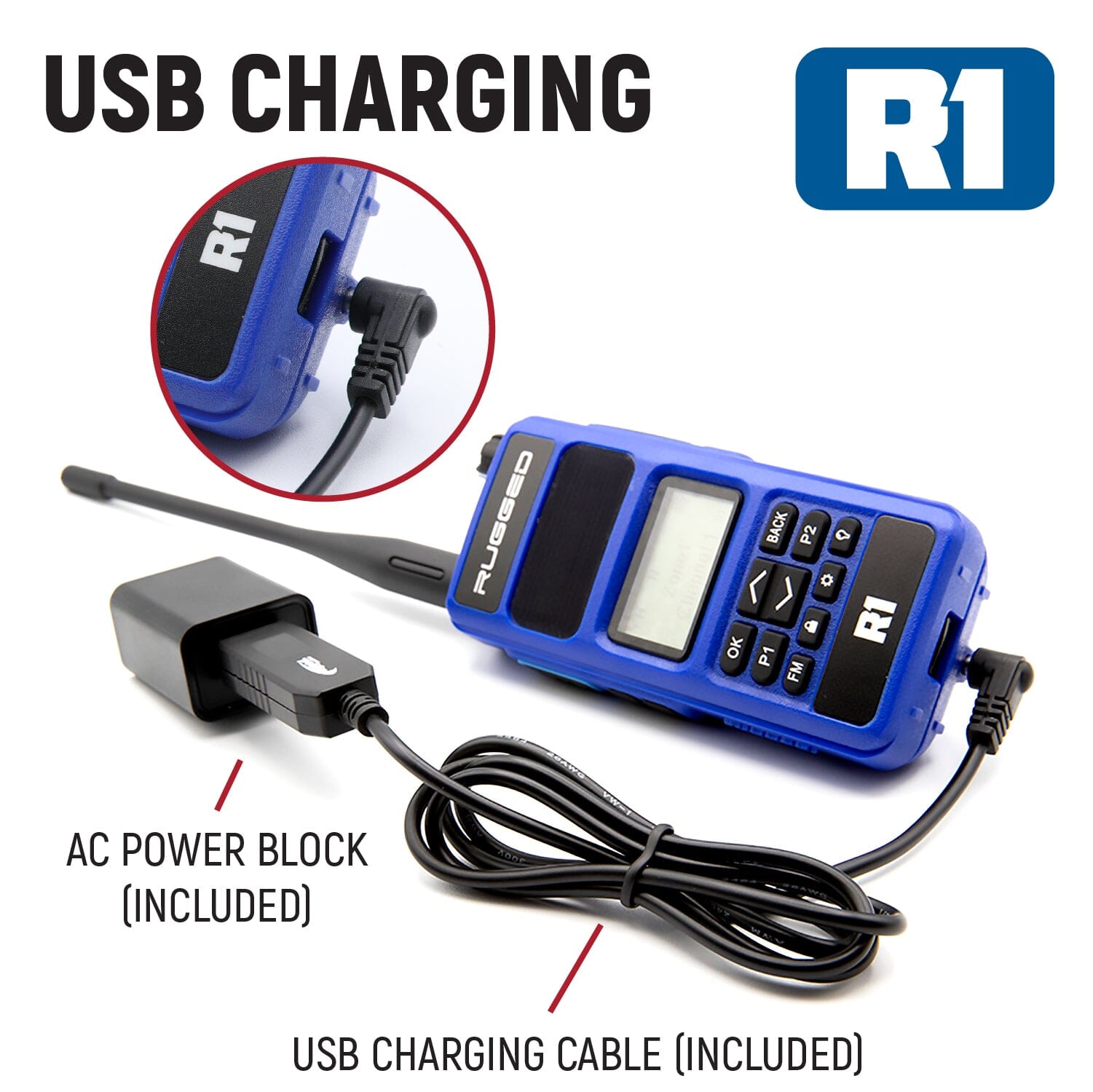 BUNDLE - Rugged R1 - Handheld Radio with Long Range Antenna and High Capacity Battery