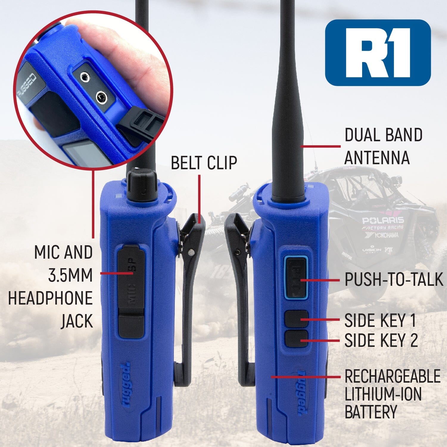 BUNDLE - Rugged R1 - Handheld Radio with Long Range Antenna and High Capacity Battery