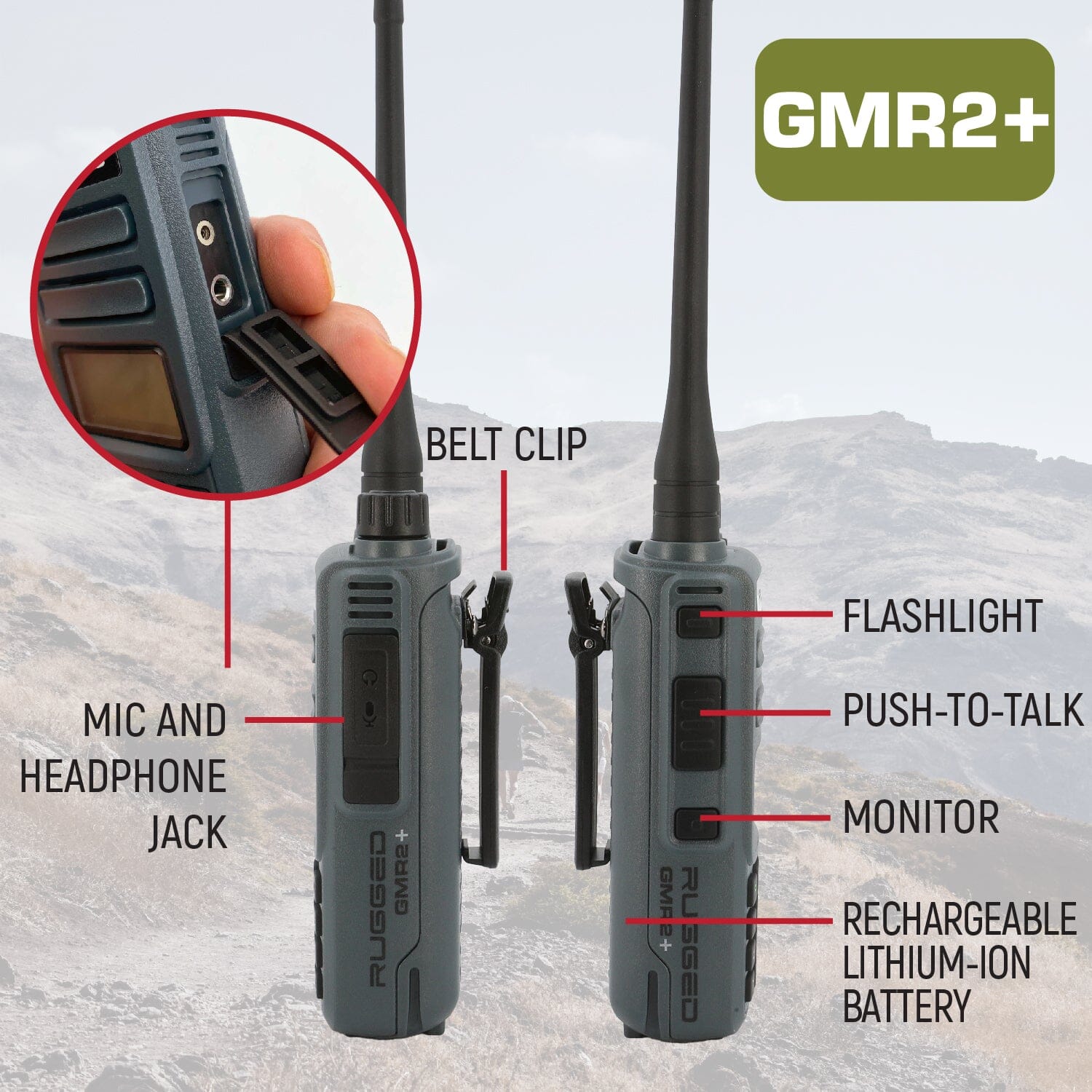 Rugged GMR2 PLUS - GMRS and FRS Two Way Handheld Radio - Grey